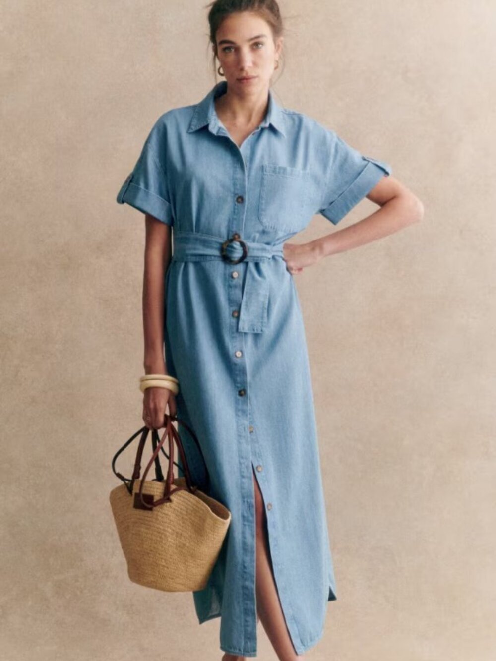 Sezane Dora Dress Denim Blue Midi Size 40 US 8